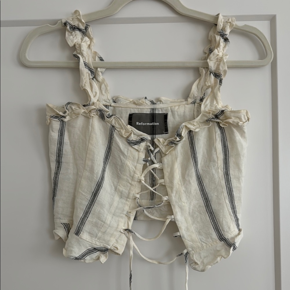 OG Reformation Off-white and Navy Striped Lace-Up Top